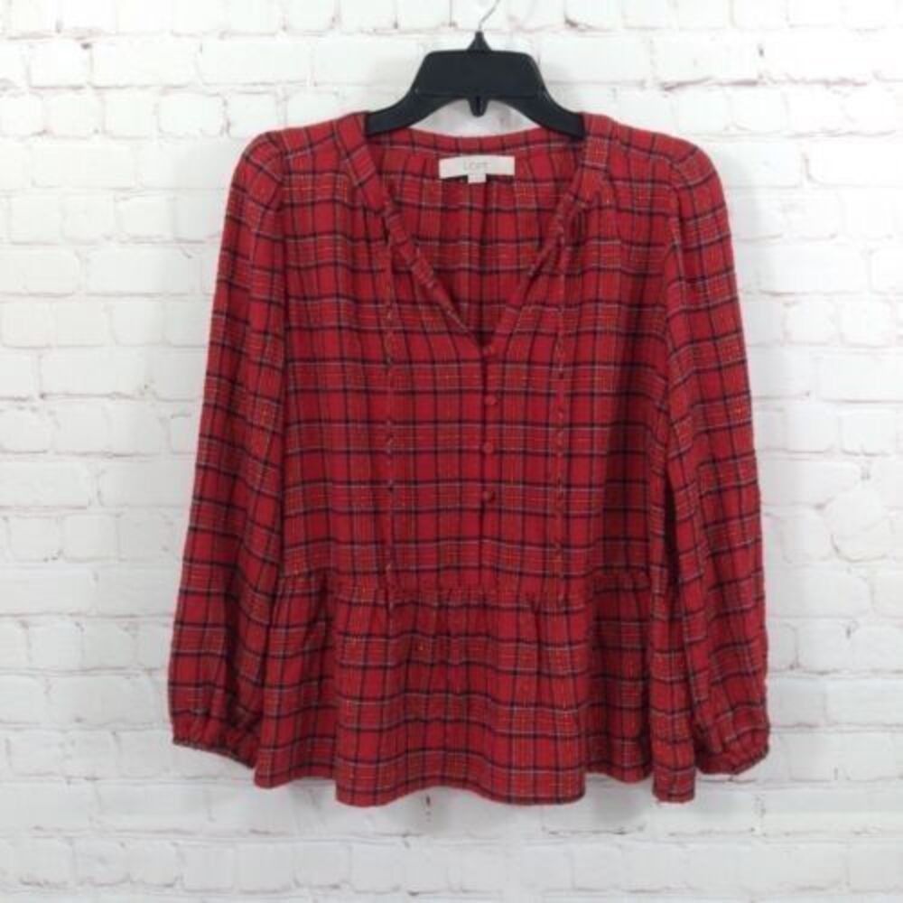 Loft Top Womens XS Red Plaid Metallic Long Sleeve Peplum Holiday Peasant